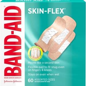 Band-Aid Brand Skin-Flex hesive Bandages for First Aid & Wound Care of Minor Cuts, Scrapes & Burns, Flexible Sterile Bandages Great for Fingers, Hands & Knees, Assorted Sizes, 60 ct