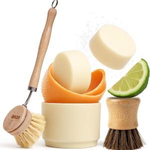 Vove Dish Soap Bundle, 2 Bars, 2 Bamboo & Sisal Scrub Brushes, 1 Ceramic Cup – Coastal Citrus Mint, Mandarin, Spearmint, Cypress & Bergamot Oils, Plant-Based Coconut Soap, FSC Bamboo, Plastic-Free Set