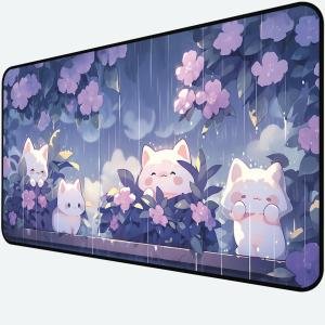 Cute Anime Office Desk P, White Cat Rain Keyboard and Mouse P XXL, Large Size Game Desk Mat, Purple Flower Laptop Desktop P, Women Kawaii Office Home Decoration Accessories 31.5"X15.7"