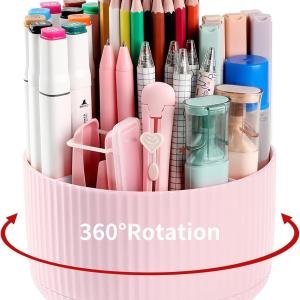 Desk Pencil Pen Holder, 5 Slots 360°Degree Rotating Organizers for Desk, Desktop Storage Stationery Supplies Organizer, Cute Cup Pot Office, School, Home, Art Supply, Pink