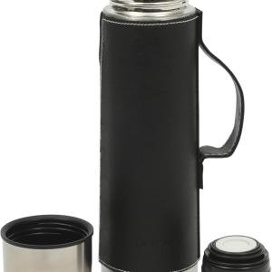 Mr. Coffee Leatherette 23 oz Stainless Steel Thermal Bottle – Double Wall Insulated Flask with Faux Leather Sleeve & Carry Handle, Brown – Leak-Proof Hot & Cold Drink Travel Mug