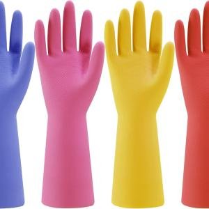 Rubber Kitchen Dishwashing Gloves - 4 Pairs Colorful Reusable Household Cleaning Gloves for Washing Dishes and Cleaning Tasks, Flexible Long-lasting and Non-Slip (Medium, Blue+Pink+Yellow+Red)