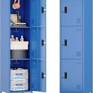 Metal Locker with Hooks and Ventilation Holes,Metal Storage Locker with Keys and Business Card Slot for Home,Gym,Garage,School,Office,66" H×15.75" W× 15.75" D,Assembly Required,Blue