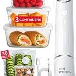 Chef Preserve Compact Vacuum Sealer for Food (Vacuum Sealer Machine + 3 Glass Vacuum Containers + 30 Reusable Vacuum Bags) Powerful Handheld Vacuum Seal Machine, Seal Meal Saver, Portable Food Sealer
