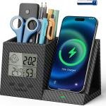 TopMe Wireless Charger with Pen Remote Holder, Multi-Functional Leather Nightstand Organizer Fast Charging Station, Digital Thermometer and Humidity Gauge, Desktop Storage (Black Carbon Fiber