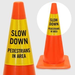 SmartSign “Slow Down - Pedestrians In Area” Cone Message Collar/Sleeve, Prismatic Reflective Vinyl, 3-Side Printing, Black and Yellow (Cone Not Included), Me in USA