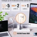 2 Prong Power Strip, WRXDMC 2 Prong to 3 Prong Outlet apter, 5ft Extension Cord with Polarized Plug, 1680J Surge Protector, 5 AC Outlets & 3 USB, Wall Mountable, Ideal for Non-Grounded Outlets