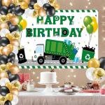 7x5ft Happy Birthday Garbage Truck Backdrop Waste Management Balloons Green Black Rubbish Truck Trash Can Background Party Decorations Cake Table Banner Props BJOKEM0131