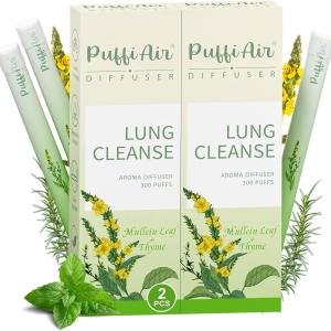 PUFFIAIR Herbal Diffuser Infused with Mullein, Thyme, and Mint for Breathing Support, Lung Care, Fresh Oral Air, and Habit Management - 300 Uses, 2 Packs 3 Sticks