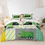 Green Garbage Truck Comforter Cover Powered Waste Management Recycling Truck Duvet Cover for Kids Boys Girls Car Room Decor Bedclothes Full Size (No Comforter)
