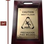 Premium Wooden Caution Wet Floor Sign – Bilingual w/Non-Skid Plastic Feet – For Hotels, Schools, Offices, Areas, Restrooms, Pool Decks & Shops - Brass Plate - (2 Pack)