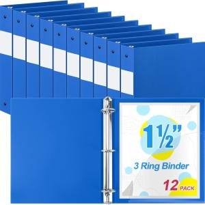 Henoyso 12 Pcs 3 Ring Binders 1.5 Inch, Plastic Flexible Round Binders Bulk Fits Letter Size 8.5 x 11 Inch Paper Holds 300 Sheets with 1 Pockets for Office School (Blue)