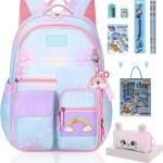 Kawaii Rainbow Backpack for Girls – Cute Starry School Bags for Kids & Teens with Plush Pen Case & 6-Piece Study Supplies Set, Children's Bookbag for Elementary – Blue 17inch