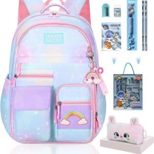 Kawaii Rainbow Backpack for Girls – Cute Starry School Bags for Kids & Teens with Plush Pen Case & 6-Piece Study Supplies Set, Children's Bookbag for Elementary – Blue 17inch