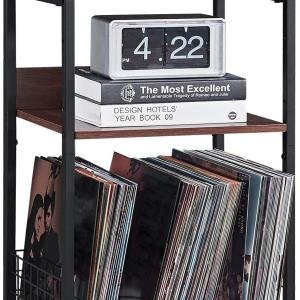 LELELINKY 3 Tier End Table,Record Player Stand with Storage Up to 100 Albums, Turntable Stand for Vinyl, Walnut Couch Nightstand Side Tables for Living Room Bedroom
