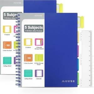 5 Subject Notebook, 2 Pack College Ruled Notebook with Storage Divider Pockets, Index Tabs, 11" Ruler, 200 Pages, for Writing Journal, School, Business, Office Supplies, A4, (2pcs Blue)