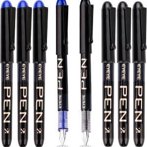 EYEYE Disposable Fountain Pens Fine Point, 4 Black 4 Blue Fountain Pens or Writing, Stainless Steel Nib, Smooth Writing for Journaling, Drafting, Sketching, Doodling & Office Supplies