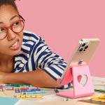Crpich Acrylic Cell Phone Stand, Portable Phone Holder, Pink Phone Stand for Desk, Compatible with Phone16 15 14 13 12 Pro Max Mini 11 SE, Switch, Android Smartphone, P, Tablet, Desk Accessories