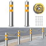 2 Pcs Stainless 31.5''x4.5" Safety Bollard Posts with 1 Barrier Chain, Yellow Reflective Strips Bollard Post with 8 Anchor Bolts for Parking, Warehouses, Garage, Driveway & Pedestrian Safety