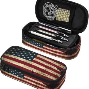 American flag Pencil Case for Girls and Kids Cute Pen Box Pouch Large pencil bag with Double Zipper, Portable Pencil Pouch for School Office Supplies