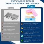 TULOBI 3 Pack Silicone Reusable Snack Containers with Lids, Cute Double Compartment Snackle Box Containersfor Dips Sal Condiment, Small Food Snack Case for Travel, School, Picnics