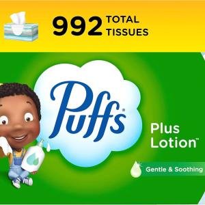 Puffs Plus Lotion Facial Tissues, 8 Family Boxes, 124 Facial Tissues per Box, Allergies and Colds