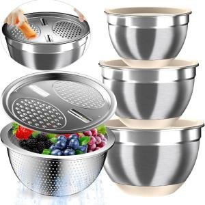 Mixing Bowls with Airtight Lids, Stainless Steel Mixing Bowl Set with 3 Metal Nesting Bowls, Colander & Grater, Non-Slip Bottoms, Size 1.5, 2.5, 5 QT, Great for Mixing & Serving, Khaki