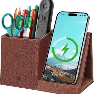 TopMe Wireless Charger with Pen Holder, Multi-functional Desktop Organizer and Storage, Home Office Supplies Desk Accessories, Pencil/Remote Holder with Fast Charging Phone Stand (Brown)