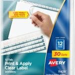 Avery 12-Tab Binder Dividers, Easy Print & Apply Clear Label Strip, Index Maker, White Tabs, 30 Sets Total (6 Packs of 11429)