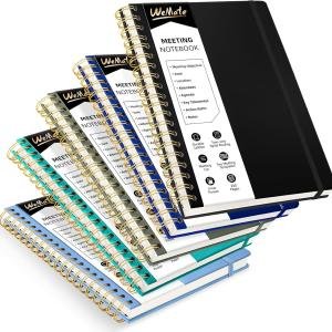 WEMATE 5 Pack Meeting Notebooks for Work（7"x10"） 200 Pages, PU Leather Notebook with Action Items & Note, For Staff & Students, Meeting, Projects Planning- Black, Blue, Green, Olive Green, Dark Blue