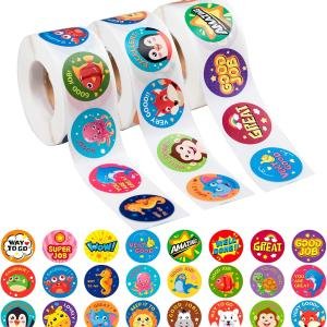3 Rolls Motivational Stickers for Kids, 1500 Pcs Teacher Reward Stickers School Supplies Roll Sticker Potty Training Sticker for School Classroom Home, 24 Designs (3 Animal Roll)