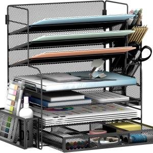 7 Tier Desk File Organizer Office storage Desk Accessories, Desktop Organizer for Office Supplies with Drawer and 2 Pen Holders (Black)
