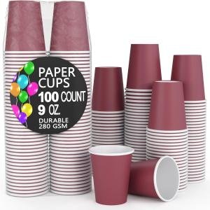 Party Solids Burgundy Paper Cups 9 oz Durable Disposable Cups 100 Paper Tumblers for Hot Drinks and Cold Drinks Thick 280 GSM Hot Cup for Tea & Coffee Cup To Go Fun Colors for Parties & Events