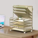 4-Tier Paper Organizer + 3-Pocket File Holder + Drawer + Pen Holders, Desktop File Organizers Paper Tray for Office Supplies School Classroom Organization (Gold, no Drawer & Pen Holder)