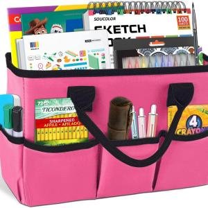 Godery Desktop Tote and Organizer, Teacher Helper cdy Bag for Arts, Books, Stationery, Office Desk Organization, Make-up Storage with Handles for Travel (PINK)