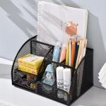 Black Mesh Pen Holder and Organizer Office Supplies with 7 Compartments, Desktop Organizer with Drawer, Metal Pen Holder for Desk, 9.1" x 5.9" x 5.5''