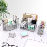 17 in1 Silvery Desk Organizers and Accessories Set, 3 Office Desk Supplies Storage Organization, 4 Pens, Stapler, Staples & Remover, Tape & Dispenser, Scissors, Ruler, Clips, Hole Punch Back to School