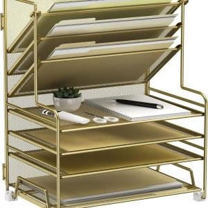 4-Tier Paper Organizer + 3-Pocket File Holder + Drawer + Pen Holders, Desktop File Organizers Paper Tray for Office Supplies School Classroom Organization (Gold, no Drawer & Pen Holder)