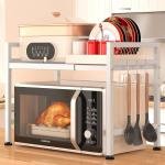 PUSDON Extendable Microwave Oven Rack, justable Microwave/Toaster Shelf Heavy Duty Stand Kitchen Counter Top Organizer(L15.7~23.6" xW12.6 xH18.9), 2-Tier with 3 Hooks, 160lbs Weight Capacity, White