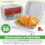 Concession Essentials Pack of 30CT Choice Large 9 x 9 x 3.5 Inch Foam 1-Compartment Containers, White, Hinged, with Optional Venting, Polystyrene, 9"L x 9"W x 3.5"H