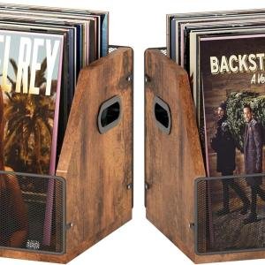 Homeiju 2 Pack Vinyl Storage, Record Crates, Metal & Wooden LP Crate