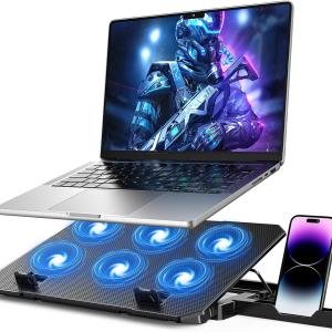 Laptop Cooling P, Laptop Cooler 6 Quiet Fans for 12"-17" Laptops, Gaming Laptop Fan Cooling P with 5 Height justable, Slim Portable USB Powered, 2 USB Ports & Phone Holder