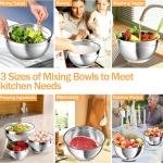 Mixing Bowls with Airtight Lids, Stainless Steel Mixing Bowl Set with 3 Metal Nesting Bowls, Colander & Grater, Non-Slip Bottoms, Size 1.5, 2.5, 5 QT, Great for Mixing & Serving, Khaki
