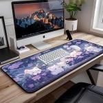 Cute Anime Office Desk P, White Cat Rain Keyboard and Mouse P XXL, Large Size Game Desk Mat, Purple Flower Laptop Desktop P, Women Kawaii Office Home Decoration Accessories 31.5"X15.7"