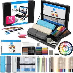 COLOUR BLOCK 91-Piece Sketching & Drawing Art Set with Colored, Metallic, Charcoal, Pastel Pencils, Soft Pastels, Charcoal & Graphite Sticks, Sketchbook, Tools — Travel-Friendly Case for Teens, ults