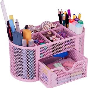 EasyPAG Mesh Pen Holder Desk Organizer with Drawer Stationery Supplies Organizer for Dorm School 9 Compartments Workspace Desk Accessories Organization for Office, Light Pink