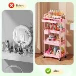 Makeup Cart Organizer with Drawers, 4 Tier Floor Skincare Organizers for Vanity, Rolling Makeup Bathroom Storage Cart Cosmetics Display Cases for Skin Care Perfume Nail Polish, Pink