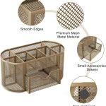 EasyPAG Mesh Pen Holder Desk Organizer with Drawer Stationery Supplies Organizer for Dorm School 9 Compartments Workspace Desk Accessories Organization for Office, Gold