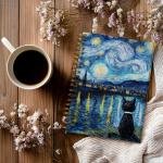 Notebook Journal for Women - A5 Spiral Notebook with Black Cat Starry Night Art Print Design, Funny Cat print Journal, Lined Paper, Office & School Supplies, Unique Gifts for Women Birthday, Christmas