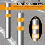 2 Pcs Stainless 31.5''x4.5" Safety Bollard Posts with 1 Barrier Chain, Yellow Reflective Strips Bollard Post with 8 Anchor Bolts for Parking, Warehouses, Garage, Driveway & Pedestrian Safety